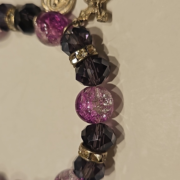 SMOKE CRYSTAL, GLASS BEADS & Rhinestone Rondells w ITALY Cross & Heart Bracelet - Picture 4 of 5